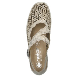 Leather comfortable women's openwork shoes with velcro, metallic Rieker 413G4-90 beige 2