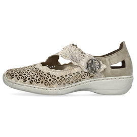 Leather comfortable women's openwork shoes with velcro, metallic Rieker 413G4-90 beige 3