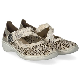 Leather comfortable women's openwork shoes with velcro, metallic Rieker 413G4-90 beige 5