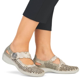 Leather comfortable women's openwork shoes with velcro, metallic Rieker 413G4-90 beige 6