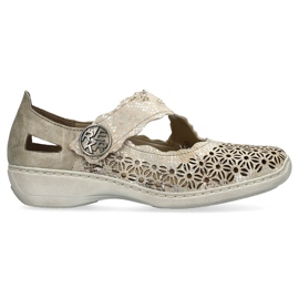 Leather comfortable women's openwork shoes with velcro, metallic Rieker 413G4-90 beige 7