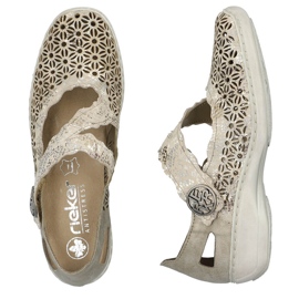 Leather comfortable women's openwork shoes with velcro, metallic Rieker 413G4-90 beige 8