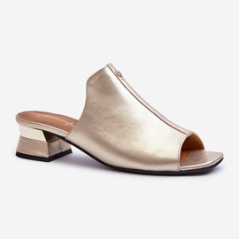 Elegant Women's Flip-Flops Made of Natural Leather On Low Heels Maciejka 06360-25 Gold golden 1