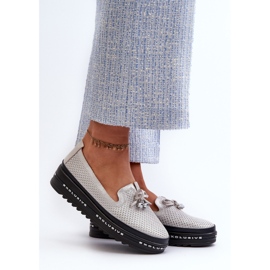 Shiny Women's Leather Moccasins On The S.Barski LR400 Platform Silver 2