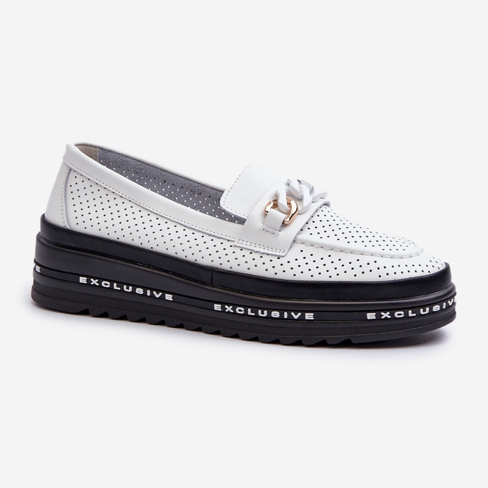 Women's Leather Moccasins On A Platform With A Chain S.Barski LR618 White 1