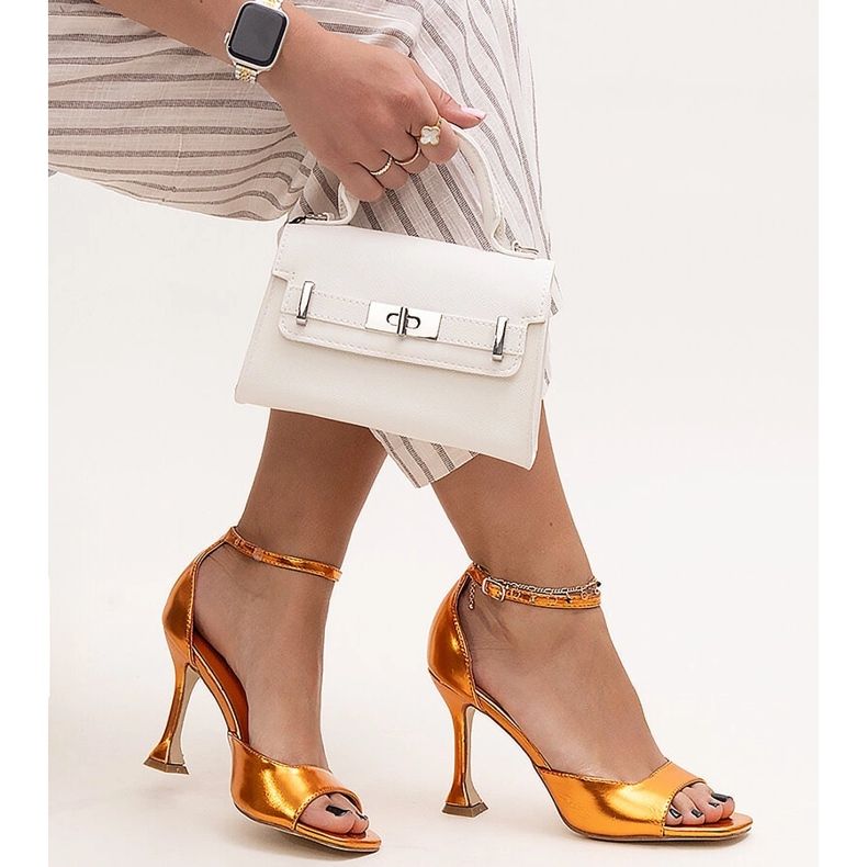 Shiny high heel sandals with a Delinda strap orange 1
