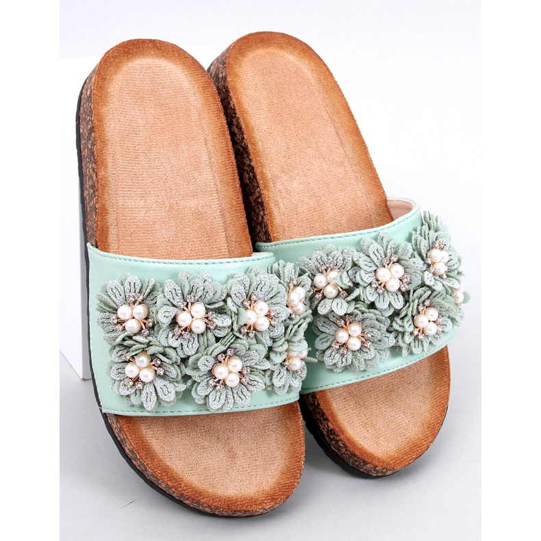Emiles Green cork slippers with flowers 1