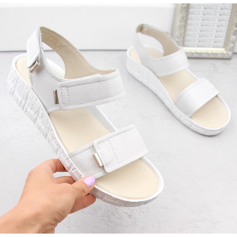 Comfortable women's leather sandals with Velcro, white Helios 136.188 1