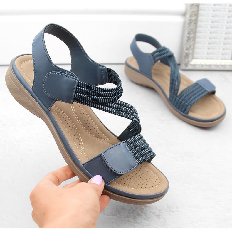Women's Velcro sandals with elastic bands, blue Sabatina Y8066-1 1