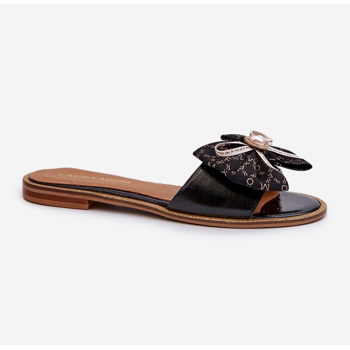 Women's Flat Leather Flip-Flops With a Bow Laura Messi 2791 Black 1 Women's Flat Leather Flip-Flops With a Bow Laura Messi 2791 Black 1