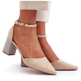 Beige pumps made of eco suede on a decorated heel 4 Beige pumps made of eco suede on a decorated heel 4