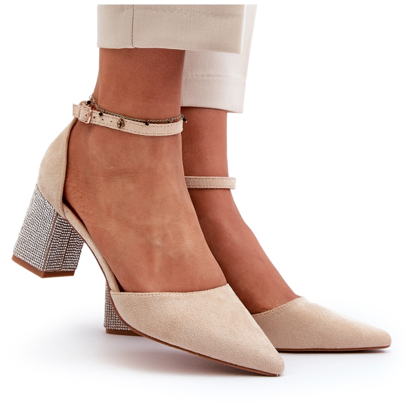 Beige pumps made of eco suede on a decorated heel 4