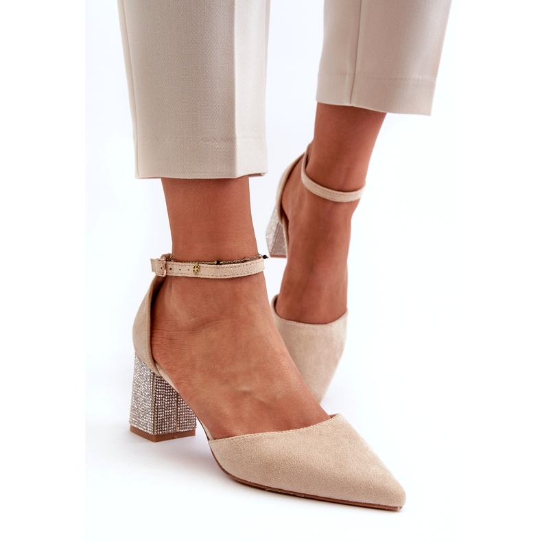 Beige pumps made of eco suede on a decorated heel 2
