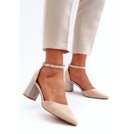 Beige pumps made of eco suede on a decorated heel 1 Beige pumps made of eco suede on a decorated heel 1