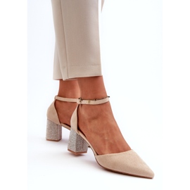 Beige pumps made of eco suede on a decorated heel 3 Beige pumps made of eco suede on a decorated heel 3