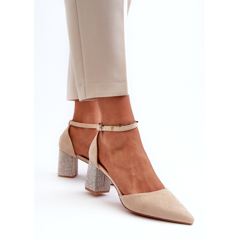 Beige pumps made of eco suede on a decorated heel 3