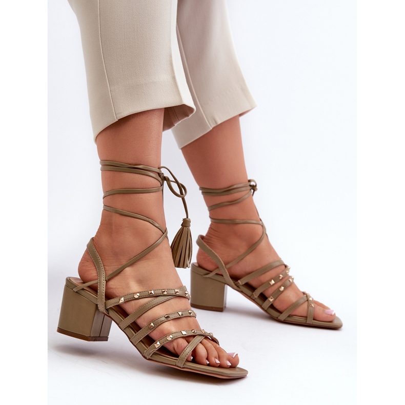 Tied Low Heel Sandals Decorated with Studs, Green Chrisele 1