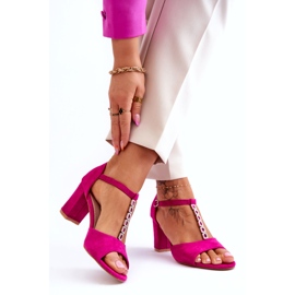 S.Barski Women's suede sandals with rhinestones on a high heel, Fuchsia pink 2