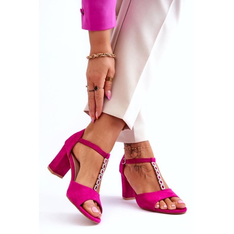 S.Barski Women's suede sandals with rhinestones on a high heel, Fuchsia pink 2
