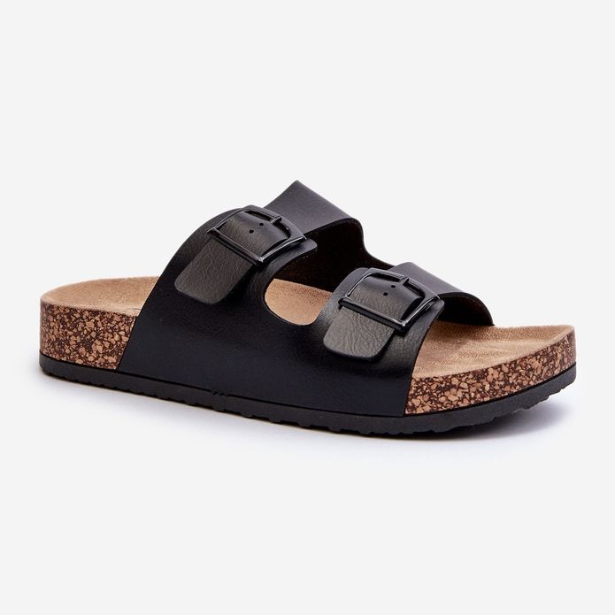 Women's Flip-Flops on a Cork Platform with Buckles, Black Klinesta 1