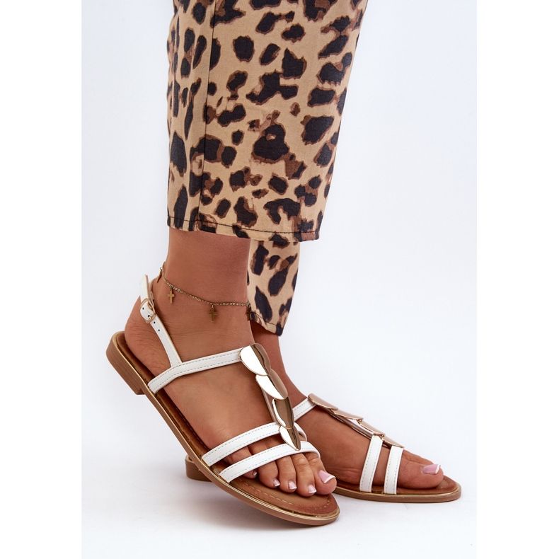 Women's Flat Sandals With Gold Decorations, White Raiva 1