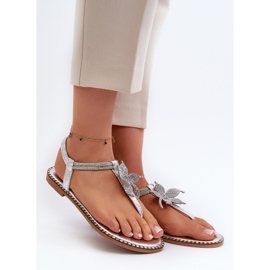 Women's flat sandals with a decorative flower, Silver Edoni 1