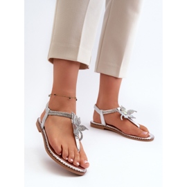 Women's flat sandals with a decorative flower, Silver Edoni 2