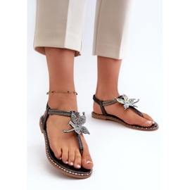 Women's flat sandals with a decorative flower, Black Edoni 2