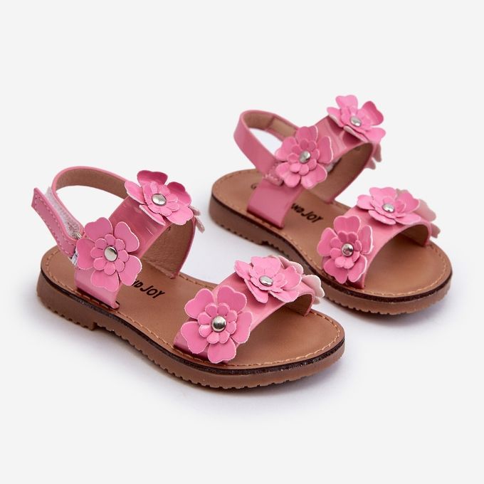 Lacquered Children's Sandals Decorated with Flowers, Pink Tinette 1
