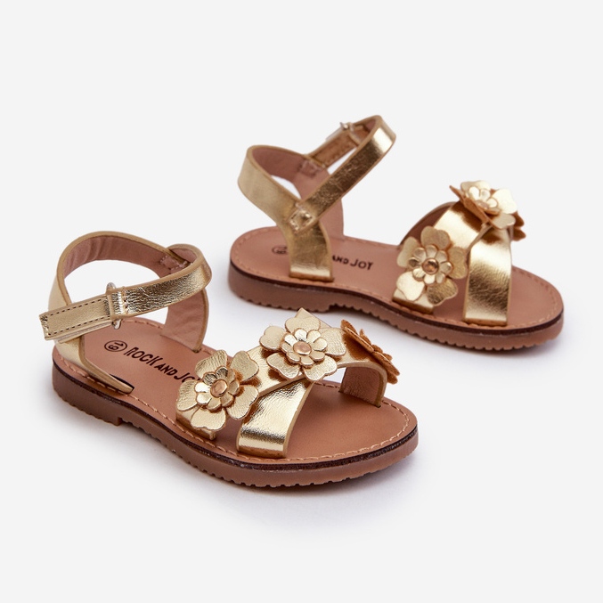 Children's Sandals Decorated with Flowers, Fastened with Velcro, Golden Fagossa 1