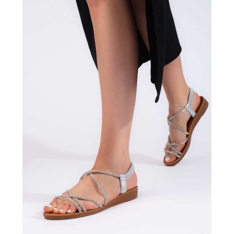 Silver slip-on sandals with cubic zirconia 1