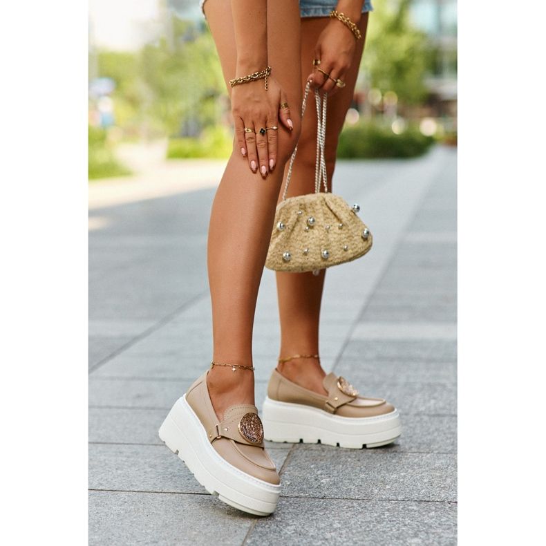 Zazoo 3458 Women's Leather Moccasins With Decoration, Beige 2