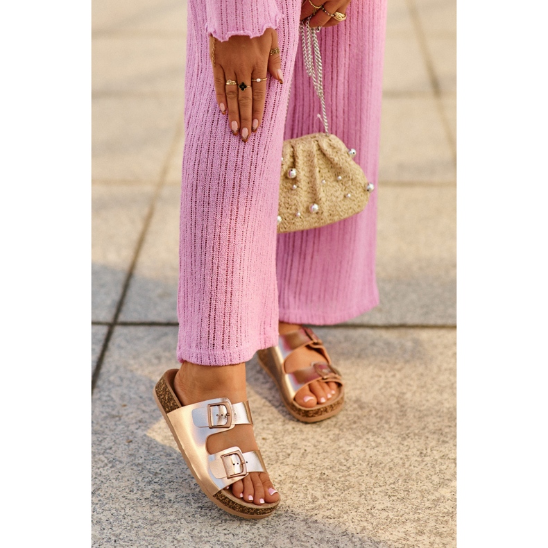 Evento Women's Flip-Flops on a Cork Platform with Buckles, Rose Gold, Klinesta golden 1