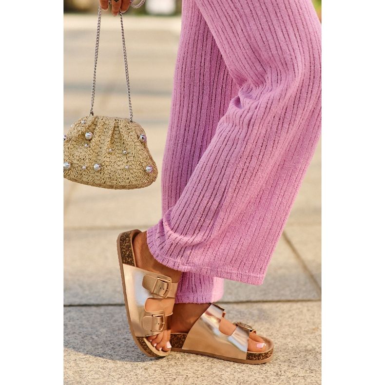 Evento Women's Flip-Flops on a Cork Platform with Buckles, Rose Gold, Klinesta golden 2