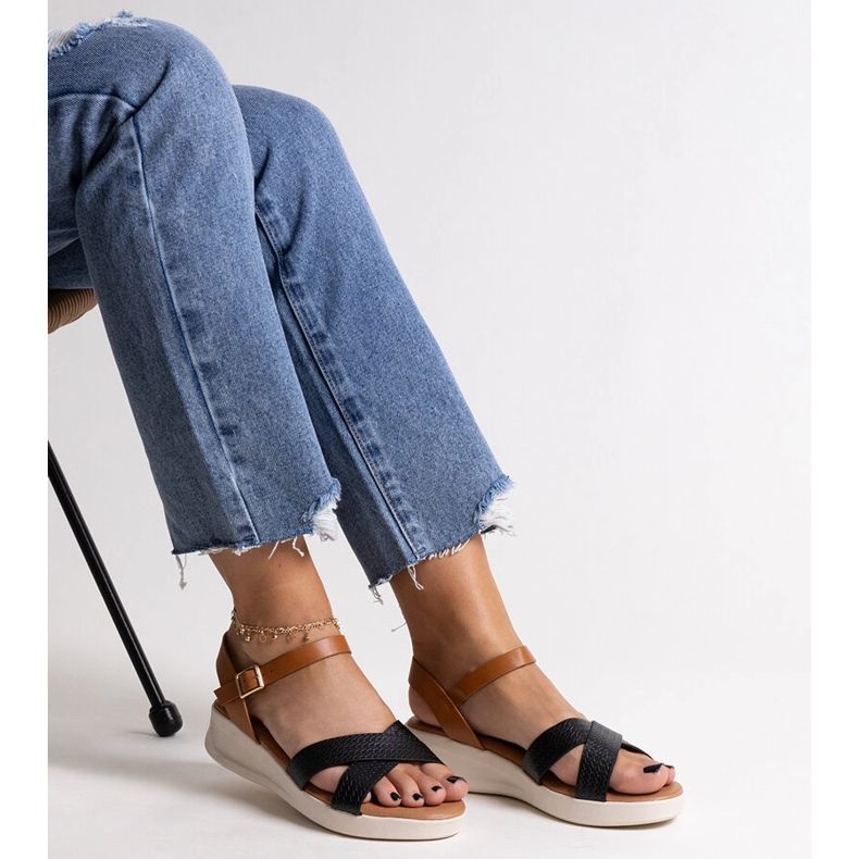 Black and brown low wedge sandals by Hakima 1