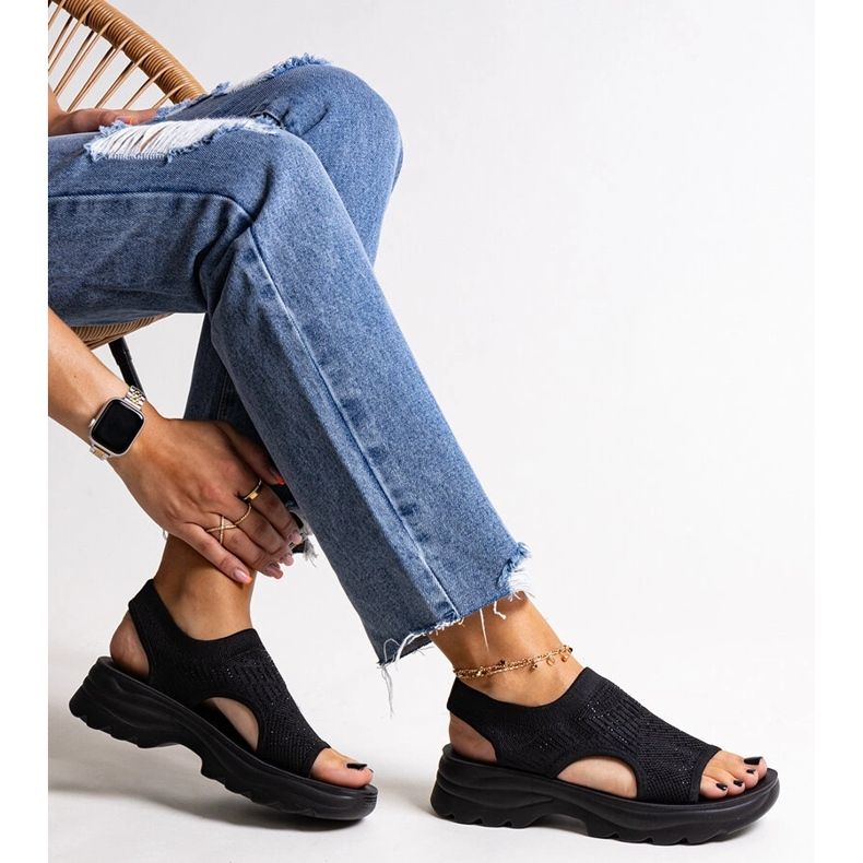 Black fabric platform sandals with Delmare rhinestones 1