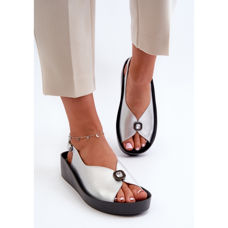 Leather Women's Sandals On Wedge And Platform S.Barski KV27-020 Silver 2