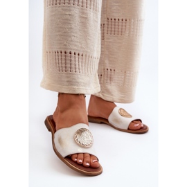 Zazoo 2938 Leather Flip-Flops On a Flat Heel With a Gold Decoration, Brushed golden 2