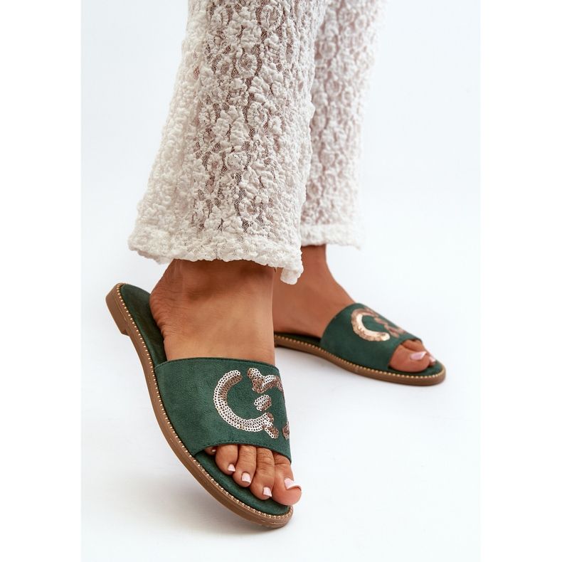 Women's Flat Flip Flops With Sequins S.Barski KV27-052 Green 2