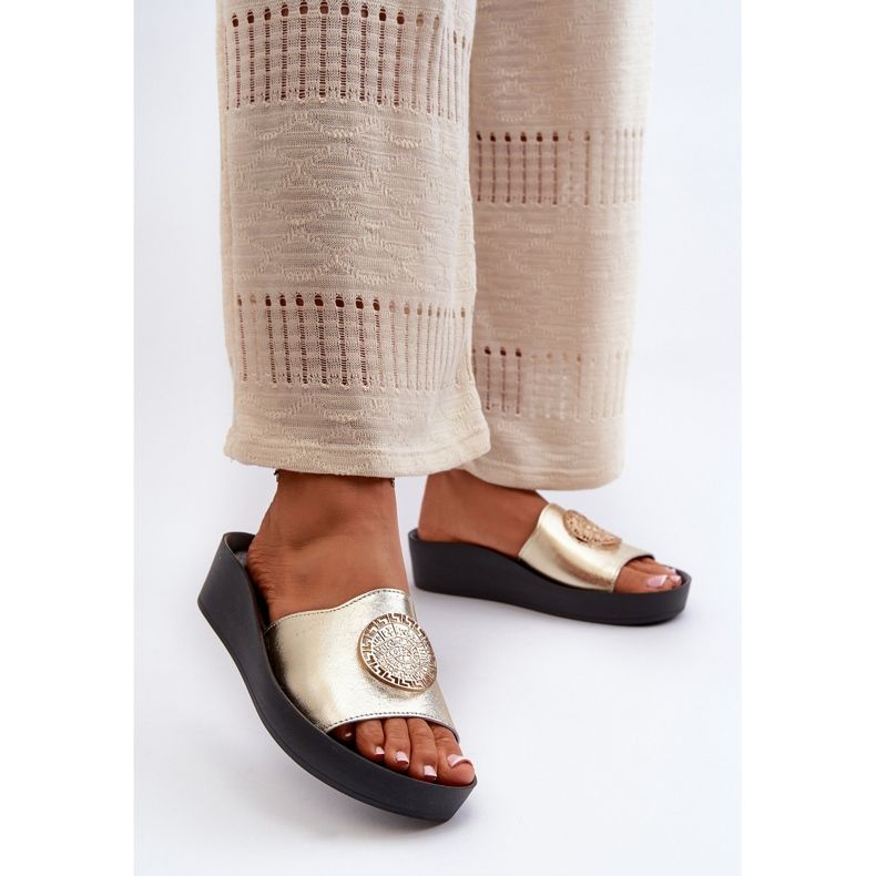 Zazoo 2920 Women's Leather Wedge Flip-Flops With Gold Detail Gold golden 2