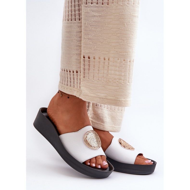 Zazoo 2920 Women's Leather Wedge Flip-Flops With Gold Detail, White 1