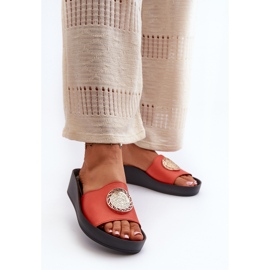 Zazoo 2920 Women's Leather Wedge Flip-Flops With Gold Details, Orange 2
