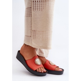 Zazoo 2920 Women's Leather Wedge Flip-Flops With Gold Details, Orange 1