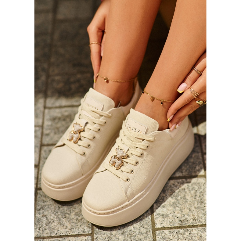 Women's Leather Sneakers On Platform With Teddy Bear Beige Vinceza 66641 2