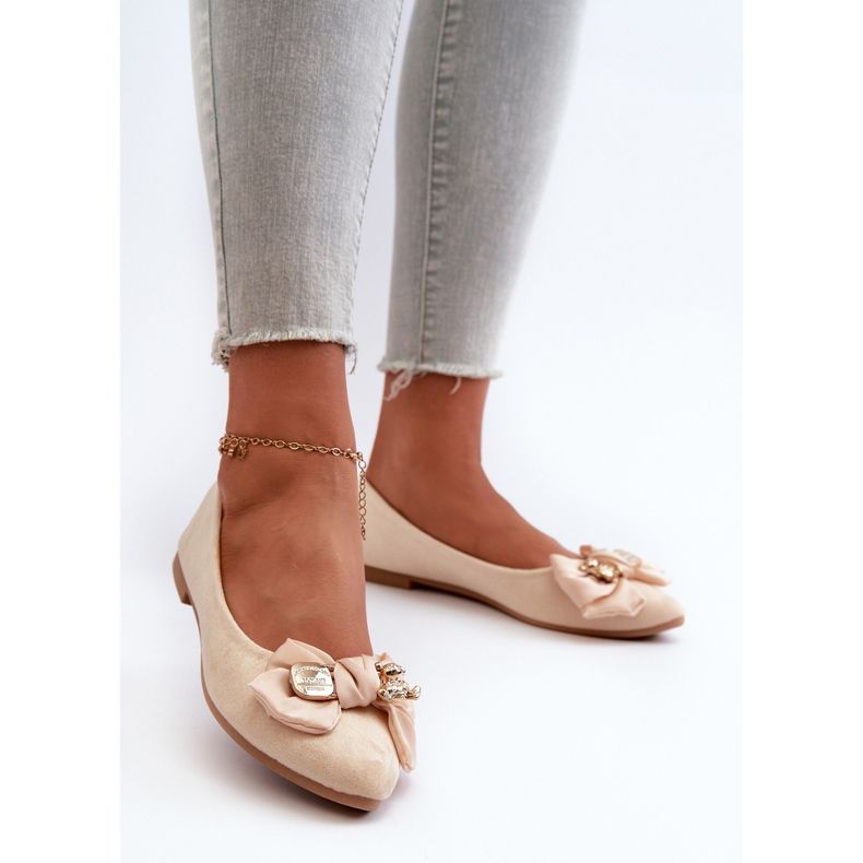 Women's Eco Suede Ballerinas With Bow And Brooch Light Beige Satris 2 Women's Eco Suede Ballerinas With Bow And Brooch Light Beige Satris 2