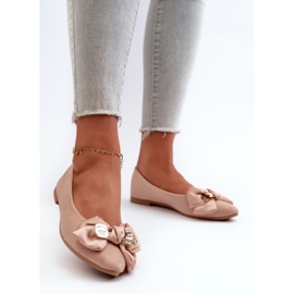 Women's Eco Suede Ballerinas With Bow And Brooch Beige Satris 2
