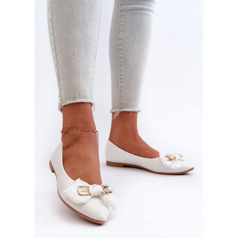 Women's Eco Leather Ballerinas With Bow And Brooch White Satris 2