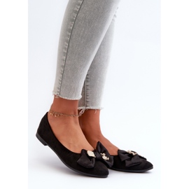Women's Eco Suede Ballerinas With Bow And Brooch Black Satris 1