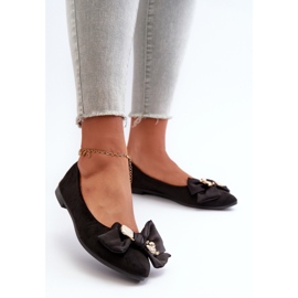 Women's Eco Suede Ballerinas With Bow And Brooch Black Satris 2