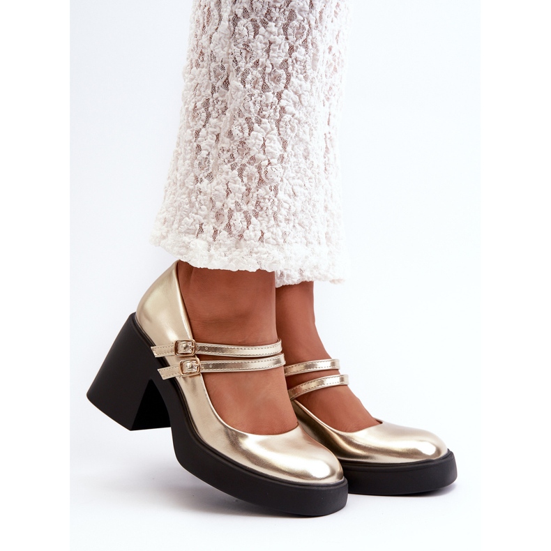 Eco Leather Pumps With Chunky Heels, Gold Halmina golden 1